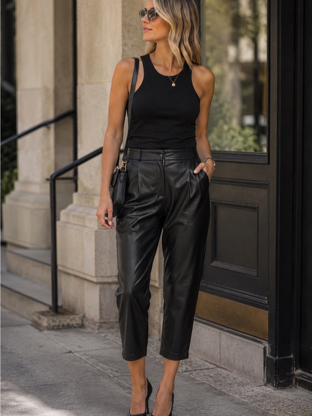 7 For All Mankind Black Vegan Faux Leather Tapered Cropped Pants Woman's Size XL